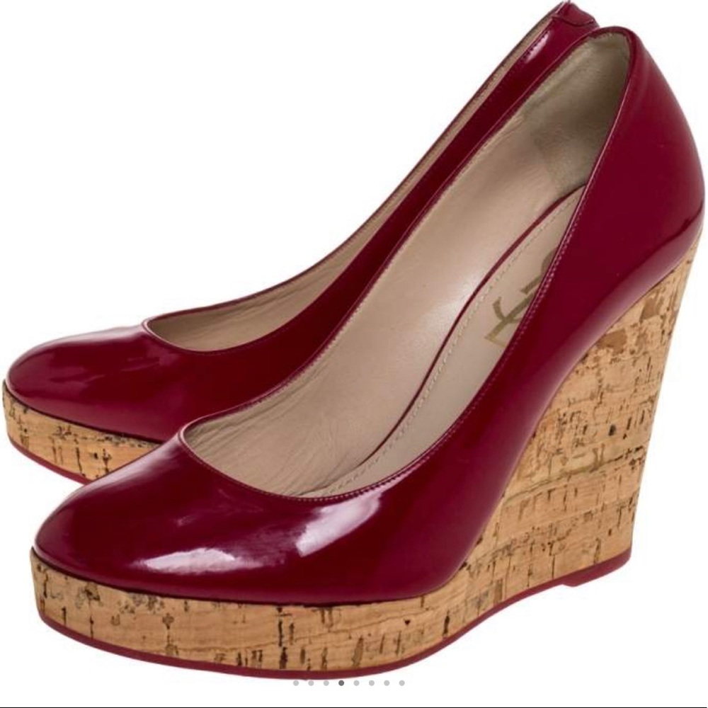 YSL patent leather cork wedges.